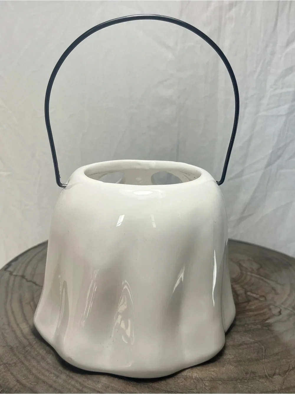 Ceramic Ghost Lantern with Handle White Glossy Spooky Halloween Candle Holder NW